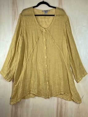 FLAX Shirt Mustard Long Sleeve 100% Linen Tunic Top Oversized Women's Sz M